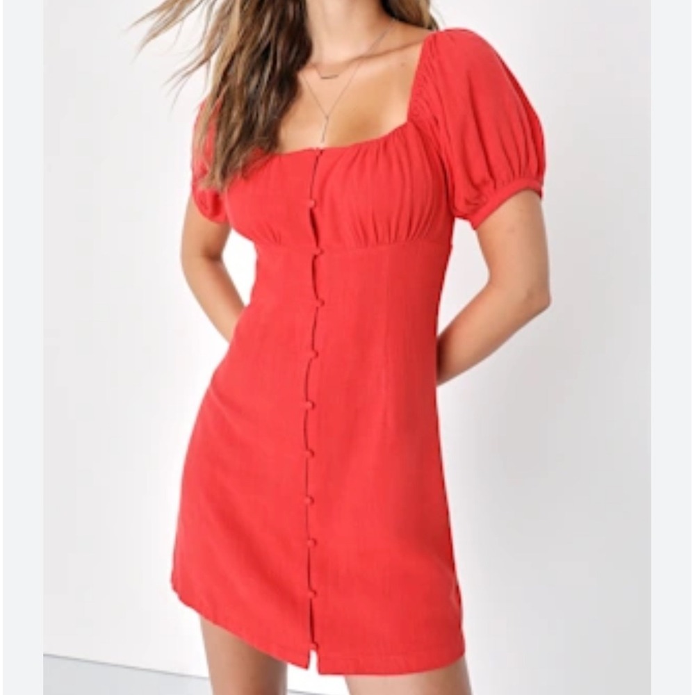 Lulus Women's Mini Dress Sm Red Linen Puff Sleeve Square Neck Button Front‎ Y2K